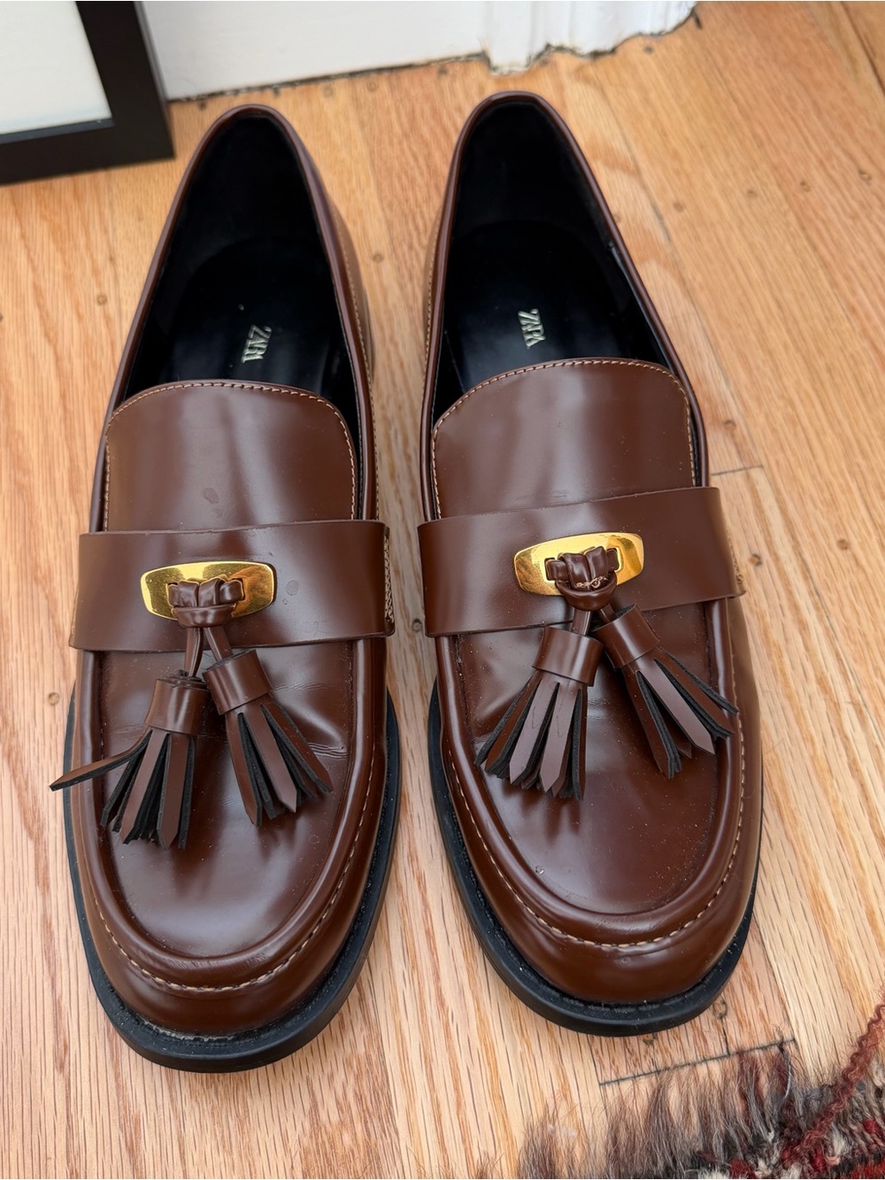 Zara Brown Leather Tassel Loafers with Gold Accent